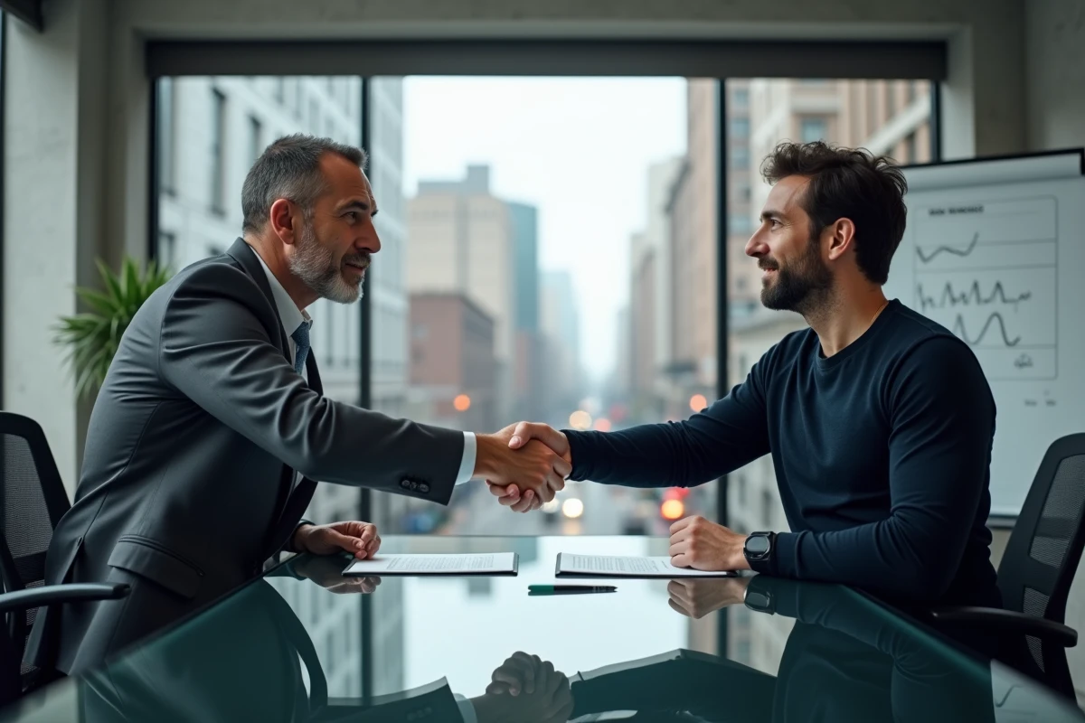 Poignée de main entre un emprunteur et un prêteur privé après signature d'un contrat de prêt