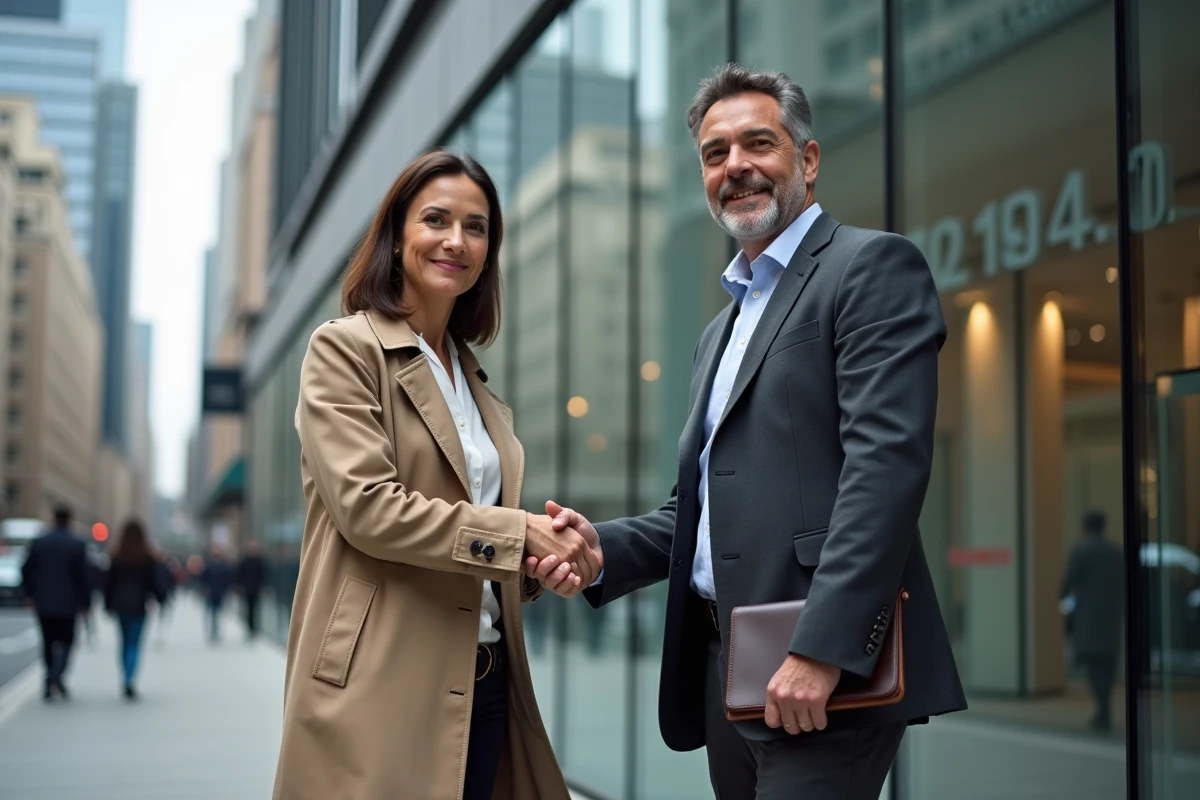 Poignée de main entre un client et un prêteur privé devant un immeuble financier urbain