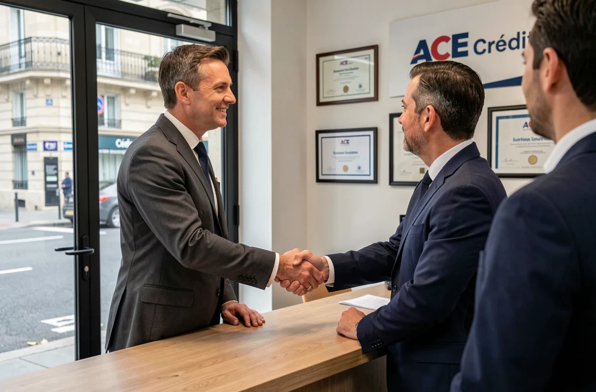 Un courtier franchisé ACE Crédit accueille un client dans son agence locale parisienne lors d'une consultation de rachat de crédit