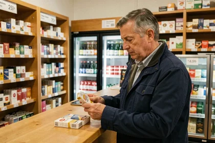 Homme examinant un paquet de cigarettes dans un bureau de tabac suisse avec des prix affichés en francs et en euros