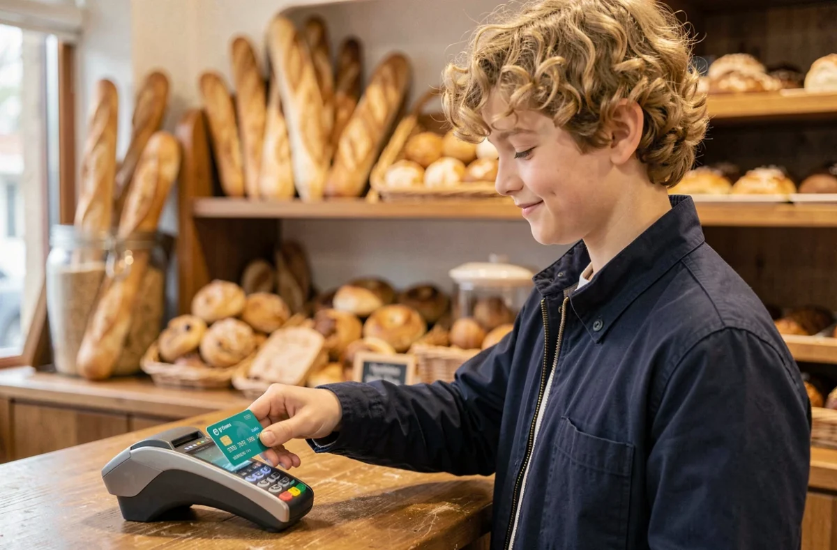 Adolescent utilisant la carte Pixpay pour un paiement sans contact dans une boulangerie