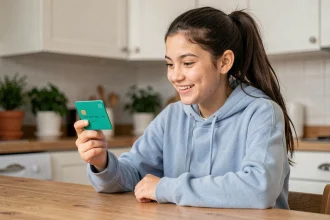 Adolescente tenant une carte bancaire Pixpay et son smartphone dans une cuisine familiale