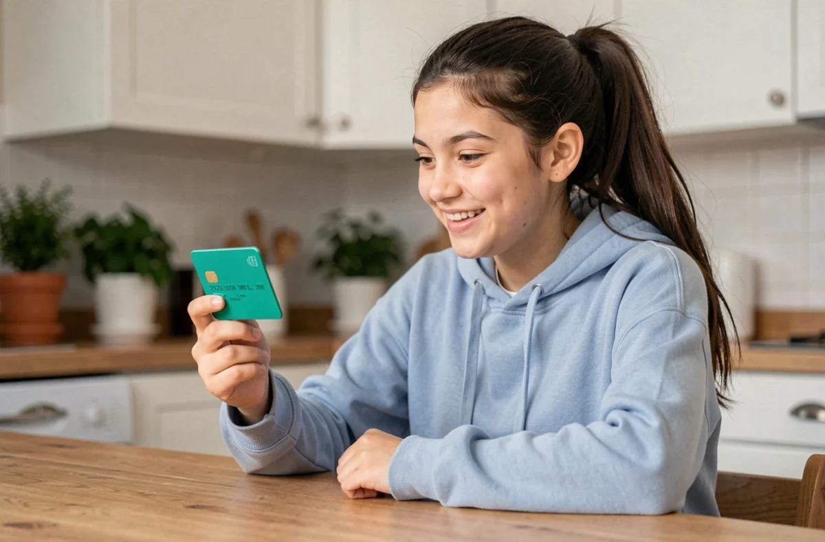 Adolescente tenant une carte bancaire Pixpay et son smartphone dans une cuisine familiale