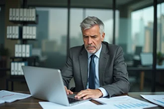 Agent immobilier inquiet examinant des documents de marché immobilier en baisse dans son bureau