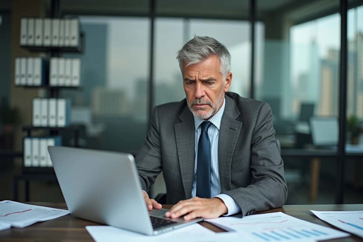 Agent immobilier inquiet examinant des documents de marché immobilier en baisse dans son bureau