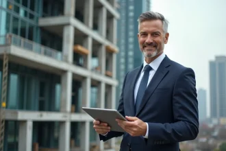 Agent immobilier devant un immeuble en construction tenant une tablette avec des annonces immobilières en 2026