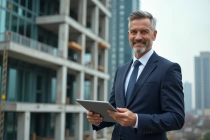Agent immobilier devant un immeuble en construction tenant une tablette avec des annonces immobilières en 2026