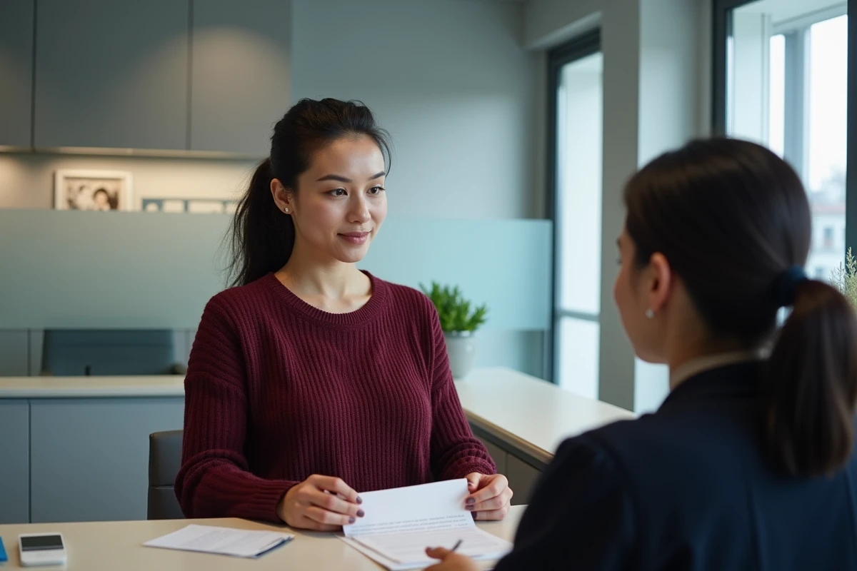Femme discutant des frais bancaires et agios avec un conseiller au guichet d'une banque