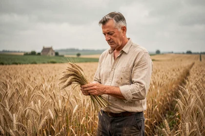 Agriculteur français examinant des épis de blé dans un champ lors de la moisson, illustrant le calcul du fermage 2026