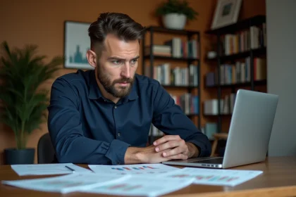 Homme analysant des graphiques boursiers et un portefeuille PEA sur son bureau à domicile