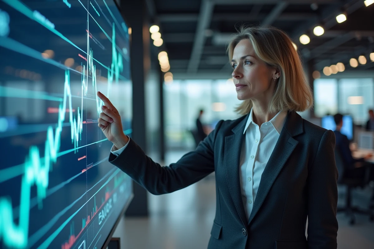 Professionnelle en finance présentant des graphiques boursiers sur un écran tactile dans une salle de trading moderne