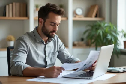 Homme analysant des documents d'investissement locatif à son bureau à domicile