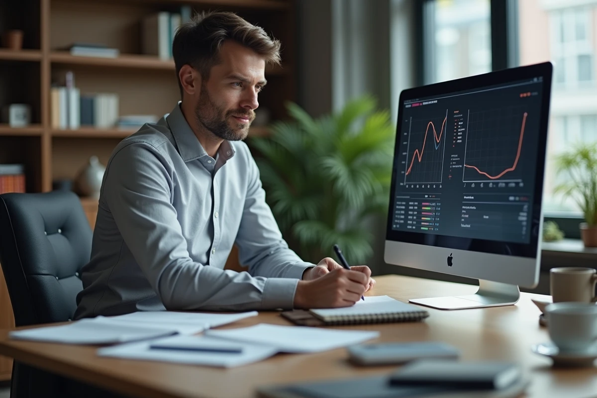 Entrepreneur analysant seul des données de positionnement marché pour développer un avantage concurrentiel