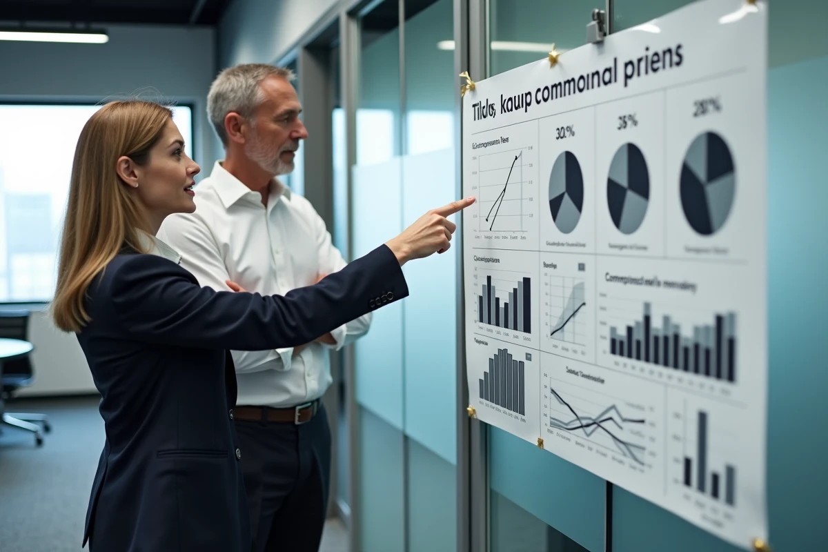 Deux professionnels analysent un tableau de taux d'indemnisation affiché dans un bureau moderne