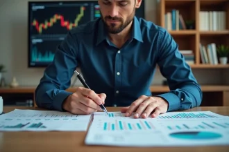 Analyste financier étudiant des graphiques boursiers imprimés à son bureau avec des annotations manuscrites