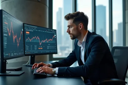 Analyste financier étudiant des graphiques de cryptomonnaie sur des écrans dans un bureau moderne urbain