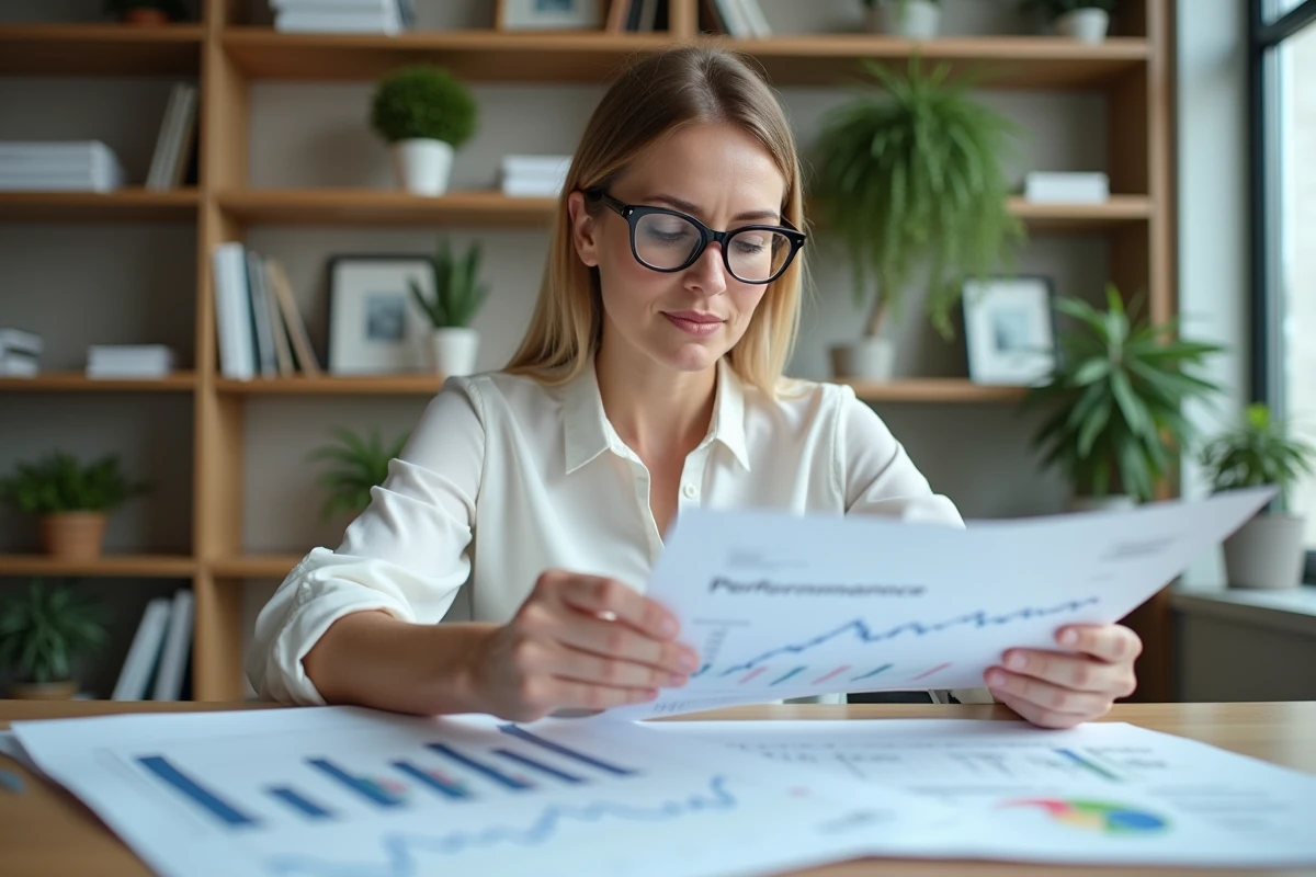 Femme analyste examinant des rapports d'analyse boursière du S&P 500 sur un bureau en bois minimaliste