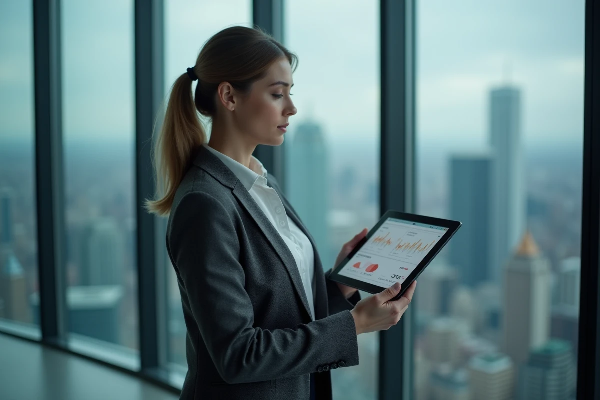 Femme analyste consultant un tableau de bord boursier sur tablette dans une salle de conférence moderne