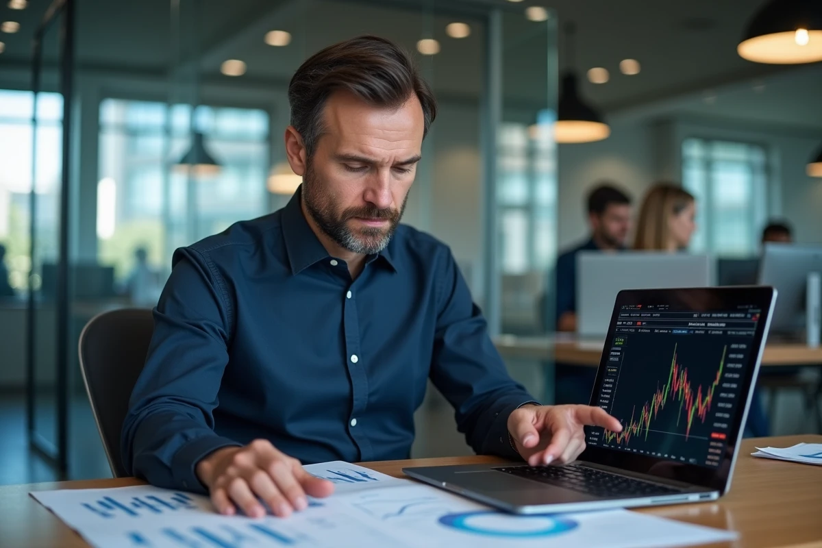 Analyste financier étudiant les actions bon marché du CAC 40 sur un tableau de bord boursier en entreprise