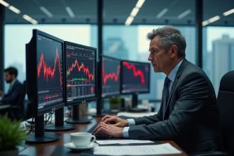 Analyste financier scrutant des écrans de trading affichant une chute des marchés boursiers