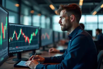 Analyste financier étudiant des niveaux de support et résistance sur des graphiques boursiers en chandelier dans un bureau de trading moderne