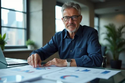 Analyste financier examinant un rapport EBITDA sur son bureau dans un bureau moderne avec des graphiques financiers sur écran