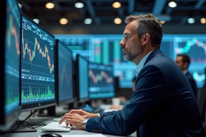 Analyste financier étudiant les graphiques du S&P 500 sur plusieurs écrans dans une salle de trading moderne