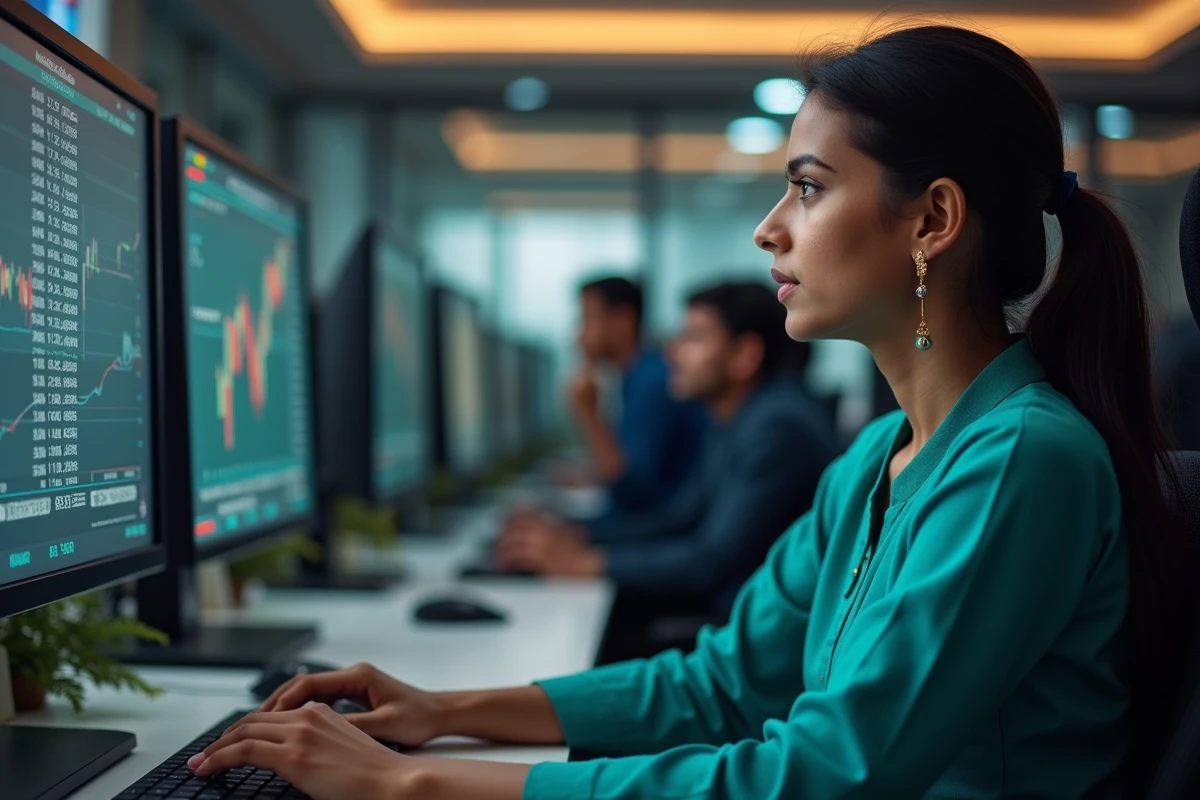 Analyste financière indienne suivant les indices boursiers sur double écran dans un open space à Bengaluru