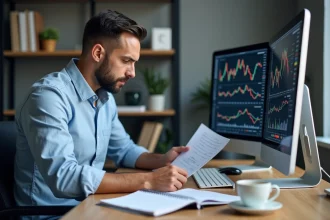 Analyste financier étudiant des graphiques boursiers sur plusieurs écrans dans un bureau minimaliste