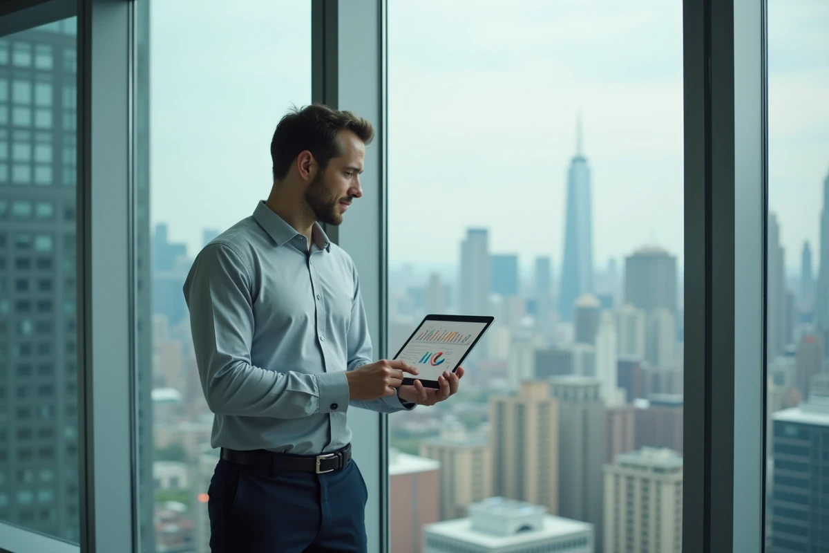 Analyste financier KPMG debout près d'une fenêtre avec vue sur la ville tenant une tablette