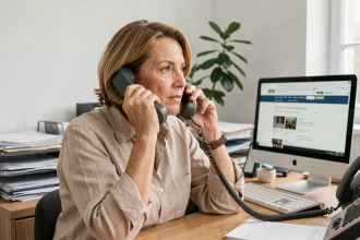Femme appelant le service des impôts SGC Mérignac depuis un bureau administratif