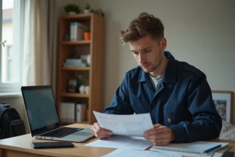 Jeune apprenti en uniforme de travail qui examine des documents de prêt étudiant à son bureau