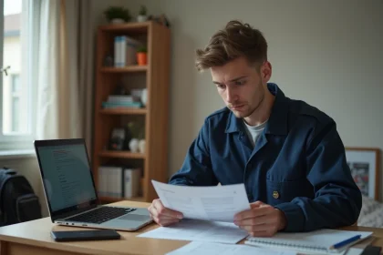 Jeune apprenti en uniforme de travail qui examine des documents de prêt étudiant à son bureau
