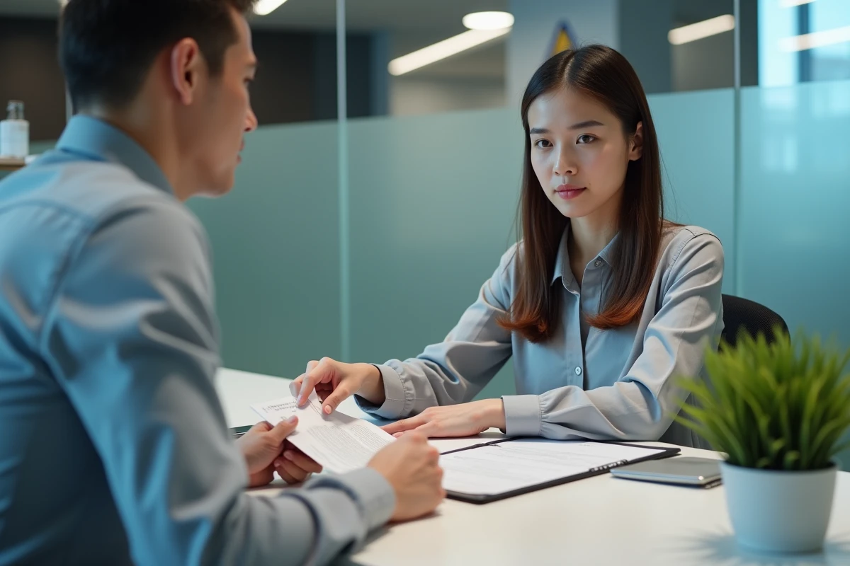 Jeune apprentie discutant d'un prêt étudiant avec un conseiller bancaire dans une agence moderne