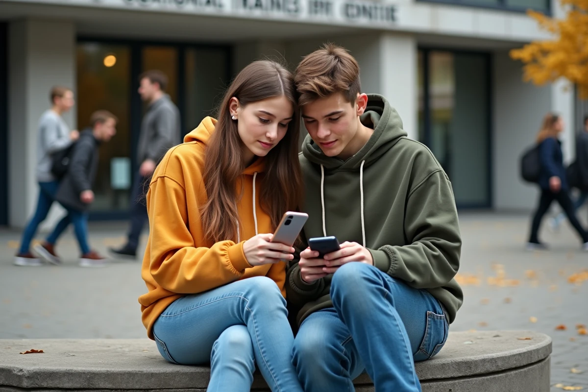 Deux apprentis consultant un comparateur de prêts étudiants sur smartphone devant un centre de formation