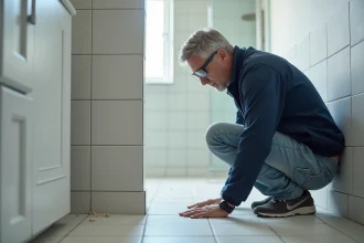Artisan carreleur inspectant les joints d'une salle de bain rénovée à taux de TVA réduit