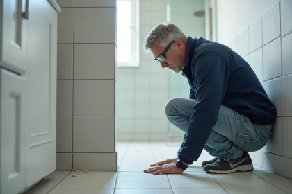 Artisan carreleur inspectant les joints d'une salle de bain rénovée à taux de TVA réduit
