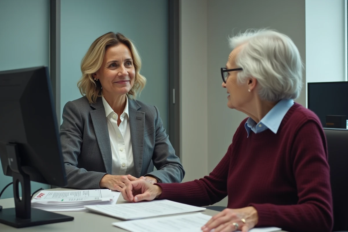 Travailleuse sociale conseillant une femme âgée sur ses droits à la pension de retraite