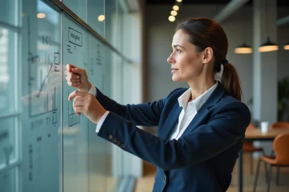 Femme d'affaires analysant une stratégie concurrentielle sur un tableau de verre dans un bureau moderne