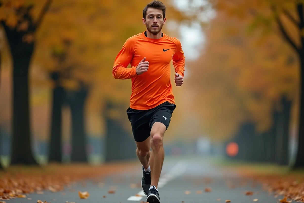Athlète masculin en tenue Nike Dri-FIT en pleine course dans un parc urbain en automne, symbolisant la performance et l'innovation technologique des produits Nike
