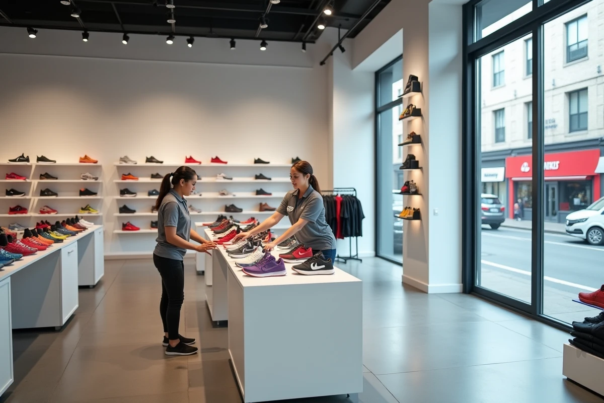 Intérieur d'un magasin Nike avec des rangées de sneakers exposées et une employée en polo Nike, illustrant la puissance de la marque et son expérience retail premium