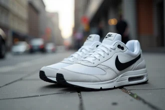 Paire de sneakers Nike Air Max posée sur un trottoir urbain en béton, illustrant la popularité et le design iconique de la marque Nike