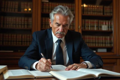 Avocat en costume marine examinant des documents juridiques dans un bureau classique rempli de livres de droit