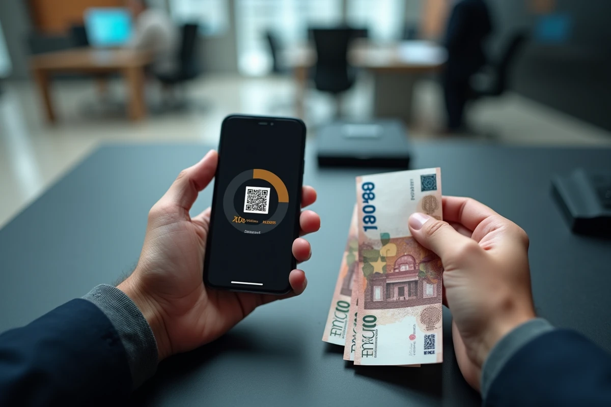 Gros plan sur des mains tenant un smartphone avec portefeuille Bitcoin et des billets en euros sur un bureau de bureau