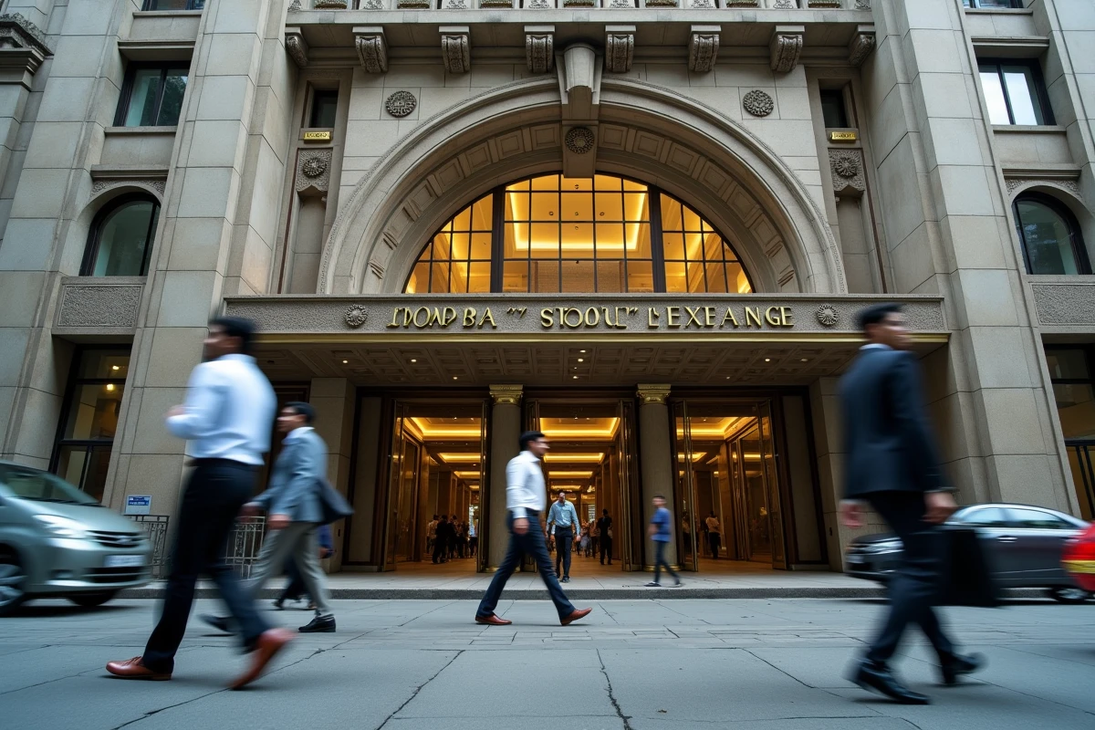 Façade de la Bourse de Bombay avec des professionnels indiens en activité dans les rues de Mumbai