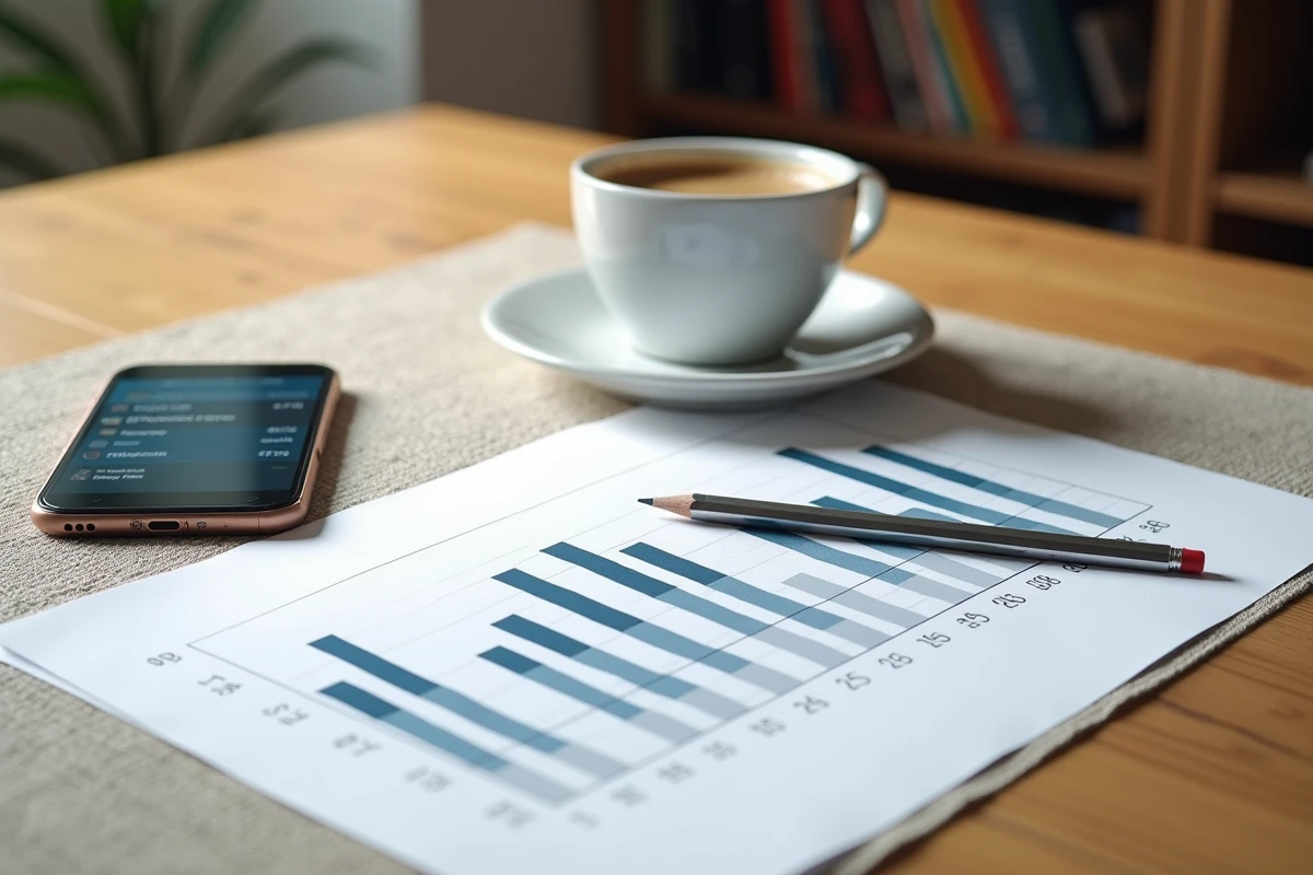 Bureau avec graphique de projection des taux d'intérêt 2026 et smartphone affichant des données bancaires