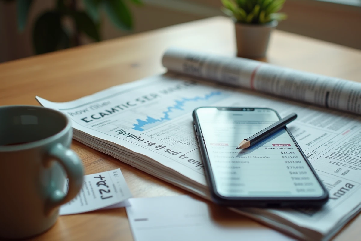 Vue aérienne d'un bureau avec journal financier et smartphone affichant les actions du CAC 40 pour un investisseur particulier