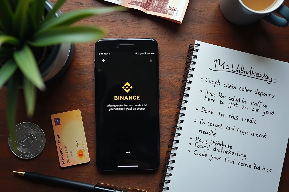 Vue de dessus d'un bureau avec smartphone affichant une erreur de retrait euros Binance, billet euro et carte bancaire