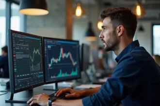 Professionnel français analysant la plateforme Bybit sur un écran d'ordinateur dans un bureau parisien moderne