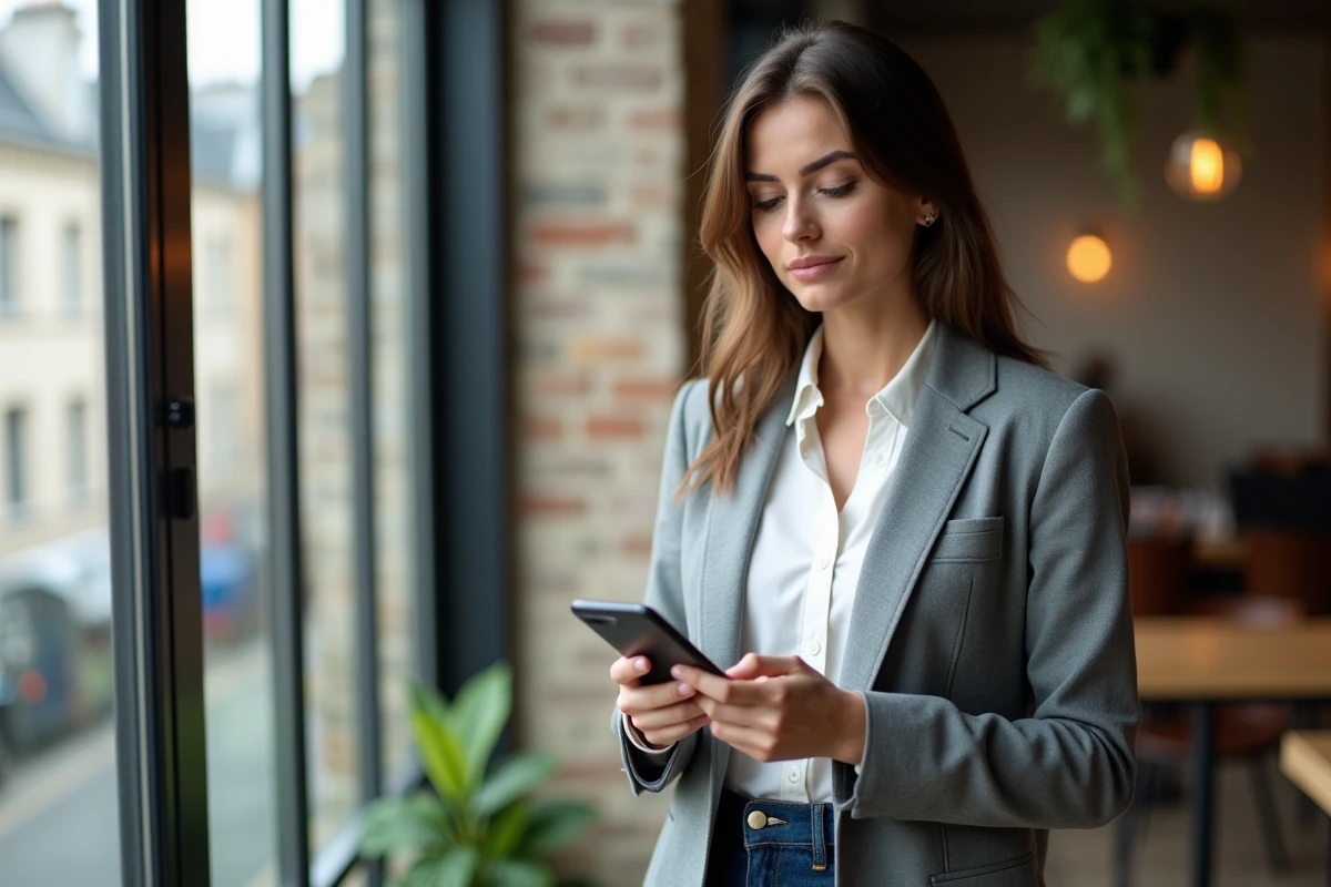 Jeune femme française consultant une application d'échange de cryptomonnaies comme Bybit sur son smartphone dans un espace de coworking